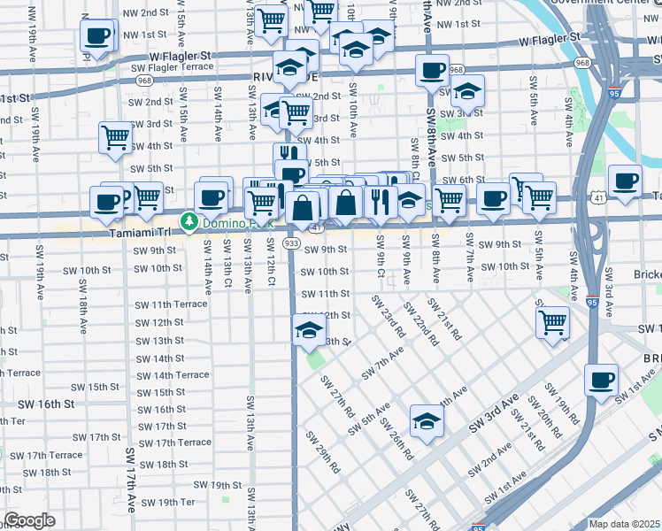 map of restaurants, bars, coffee shops, grocery stores, and more near 1053 Southwest 10th Street in Miami