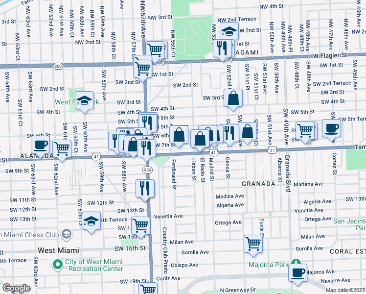 map of restaurants, bars, coffee shops, grocery stores, and more near 5535 Southwest 8th Street in Coral Gables