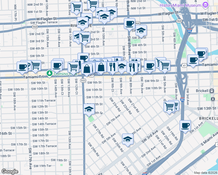 map of restaurants, bars, coffee shops, grocery stores, and more near 989 Southwest 10th Street in Miami