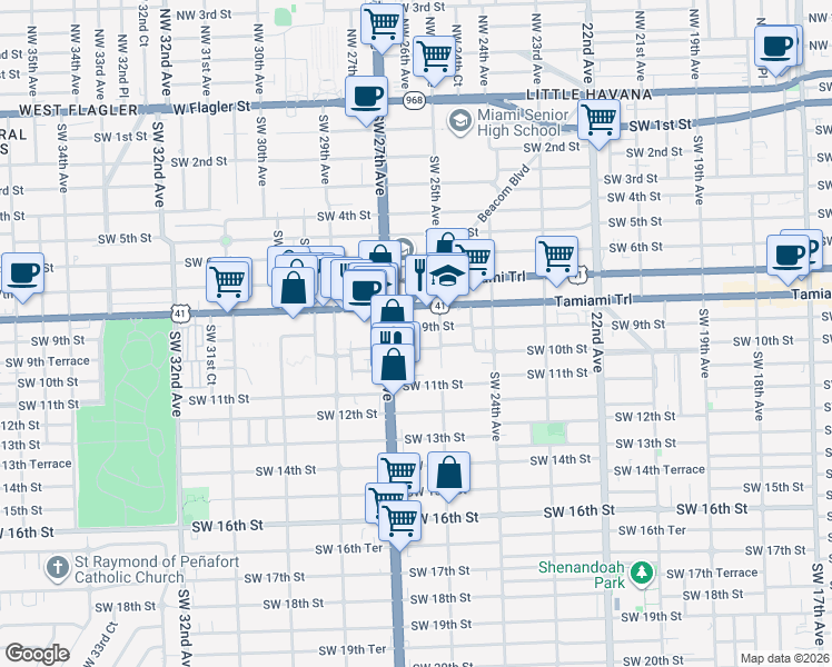 map of restaurants, bars, coffee shops, grocery stores, and more near 2601 Southwest 10th Street in Miami