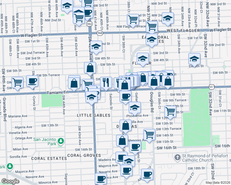 map of restaurants, bars, coffee shops, grocery stores, and more near 227 Antiquera Avenue in Coral Gables