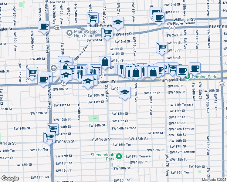 map of restaurants, bars, coffee shops, grocery stores, and more near 2136 Southwest 9th Street in Miami