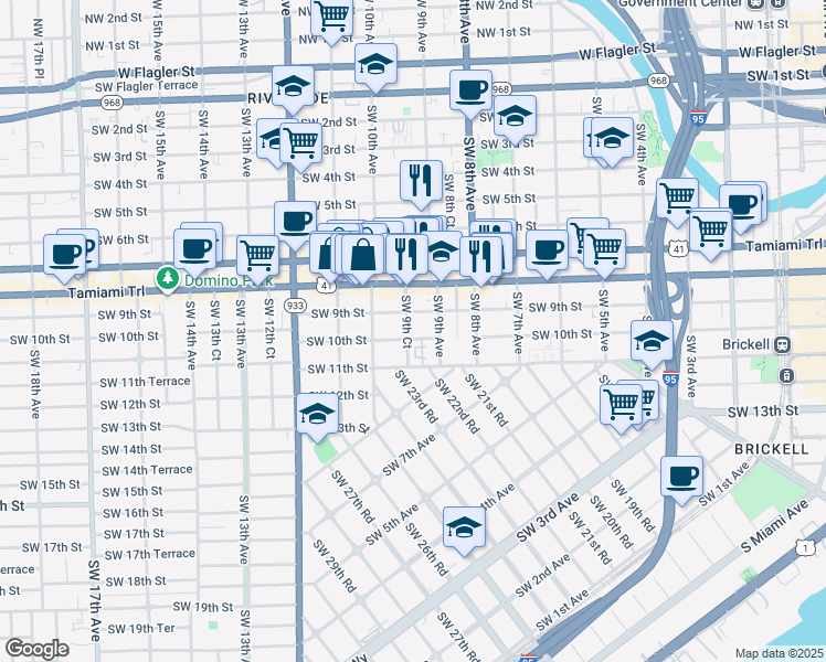 map of restaurants, bars, coffee shops, grocery stores, and more near 932 Southwest 10th Street in Miami