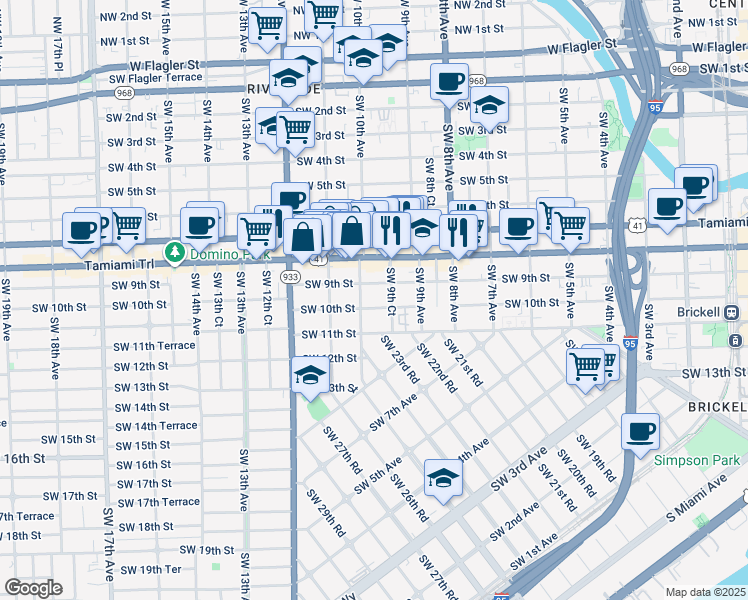 map of restaurants, bars, coffee shops, grocery stores, and more near 989 Southwest 10th Street in Miami