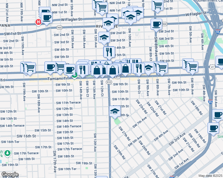 map of restaurants, bars, coffee shops, grocery stores, and more near 1171 Southwest 10th Street in Miami