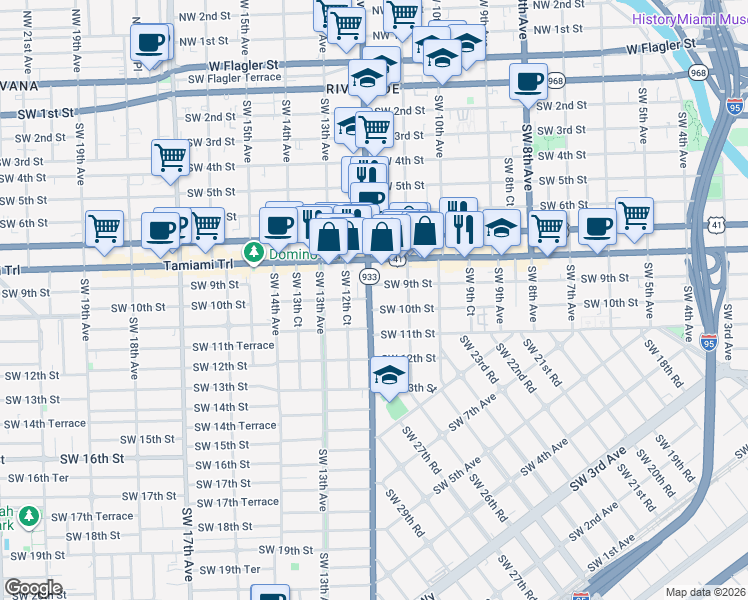 map of restaurants, bars, coffee shops, grocery stores, and more near 1171 Southwest 10th Street in Miami