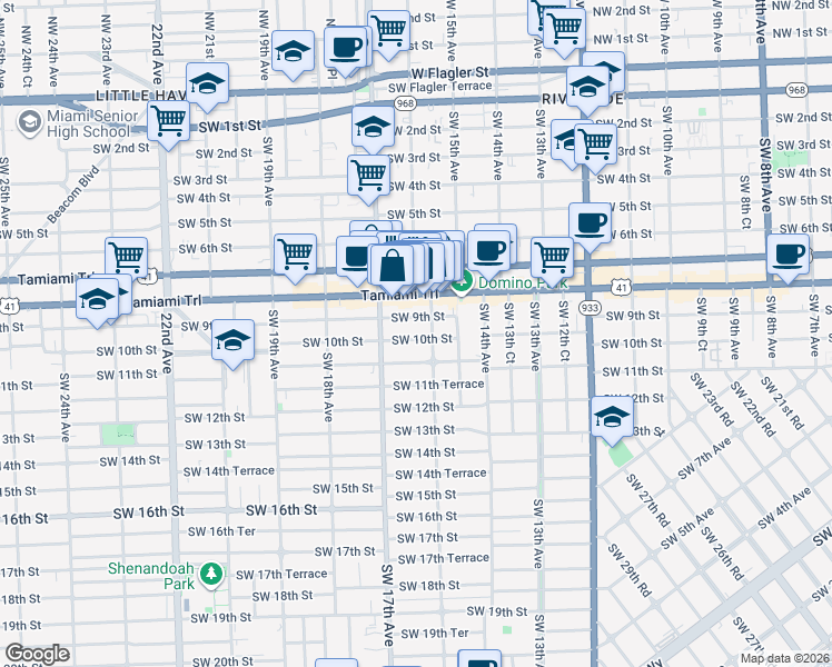 map of restaurants, bars, coffee shops, grocery stores, and more near 1644 Southwest 10th Street in Miami
