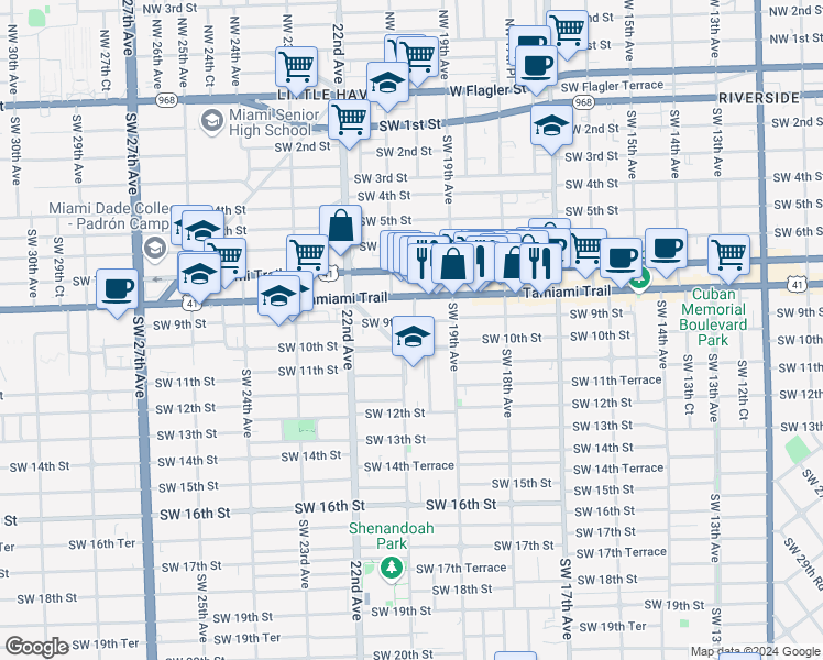 map of restaurants, bars, coffee shops, grocery stores, and more near 1935 Southwest 10th Street in Miami