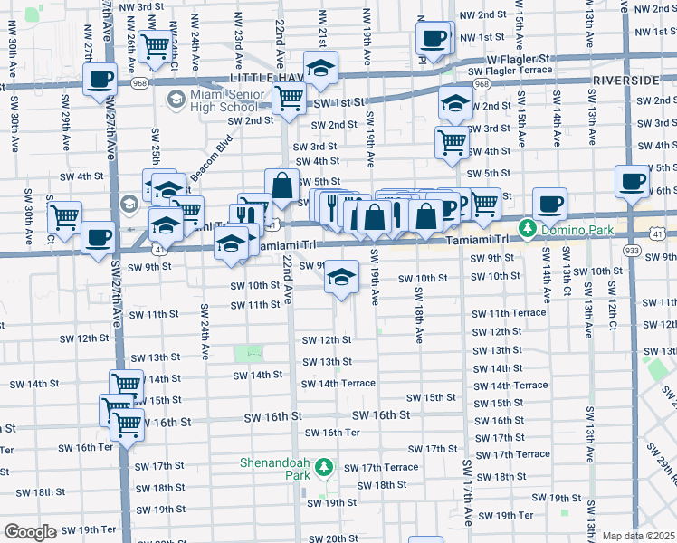 map of restaurants, bars, coffee shops, grocery stores, and more near 2131 Southwest 10th Street in Miami
