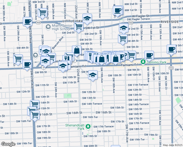 map of restaurants, bars, coffee shops, grocery stores, and more near 2131 Southwest 10th Street in Miami