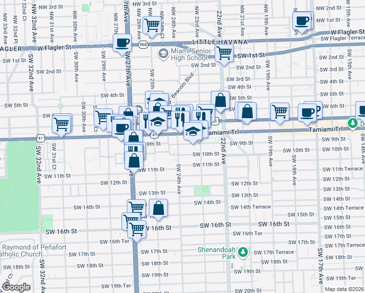map of restaurants, bars, coffee shops, grocery stores, and more near 2401 Southwest 10th Street in Miami