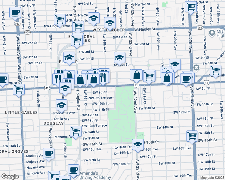 map of restaurants, bars, coffee shops, grocery stores, and more near 3300 Southwest 9th Street in Miami