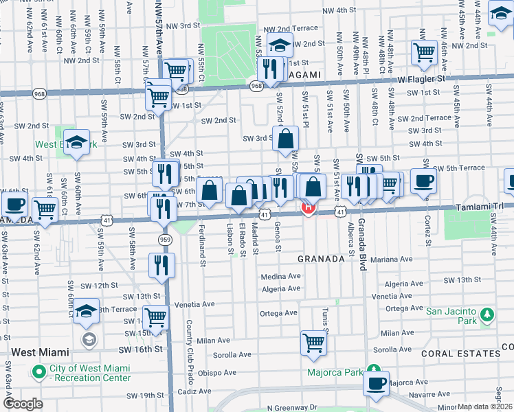 map of restaurants, bars, coffee shops, grocery stores, and more near 5271 Southwest 8th Street in Coral Gables