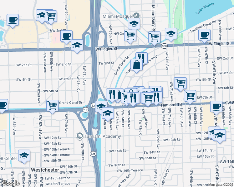 map of restaurants, bars, coffee shops, grocery stores, and more near 670 Tamiami Canal Road in Miami