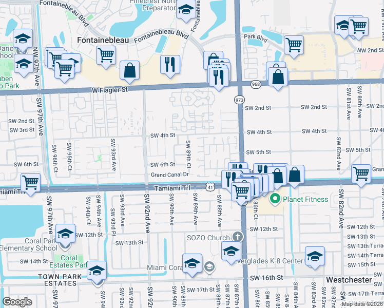 map of restaurants, bars, coffee shops, grocery stores, and more near 8925 Southwest 5th Terrace in Miami