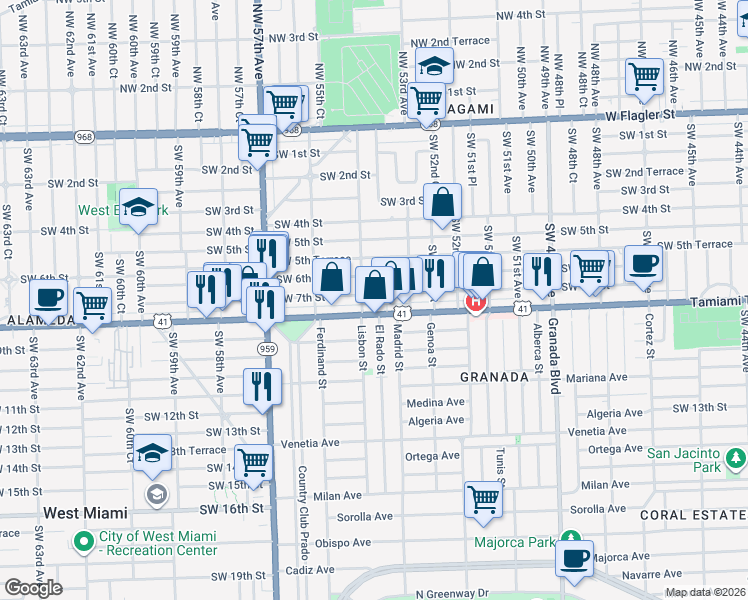map of restaurants, bars, coffee shops, grocery stores, and more near 5407 Southwest 8th Street in Miami
