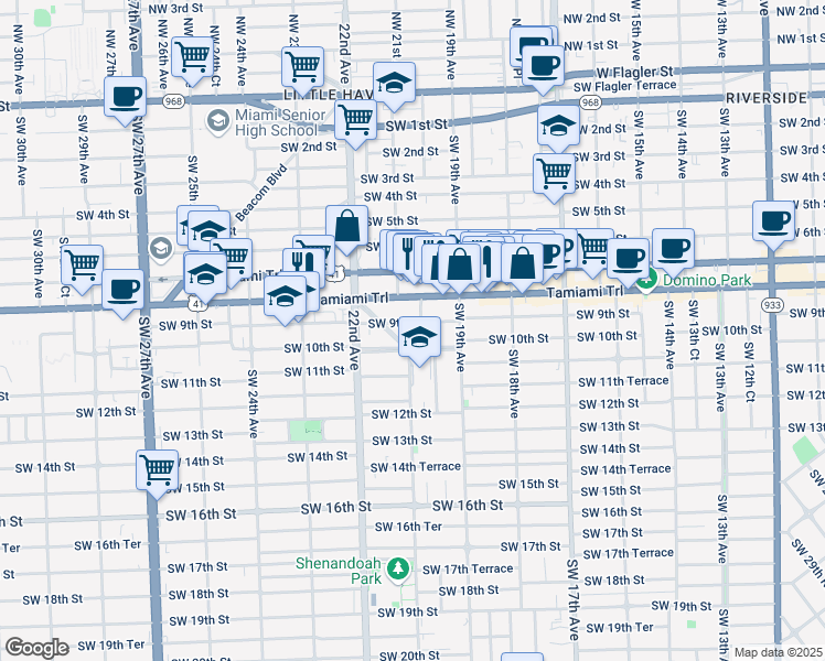 map of restaurants, bars, coffee shops, grocery stores, and more near 2131 Southwest 10th Street in Miami