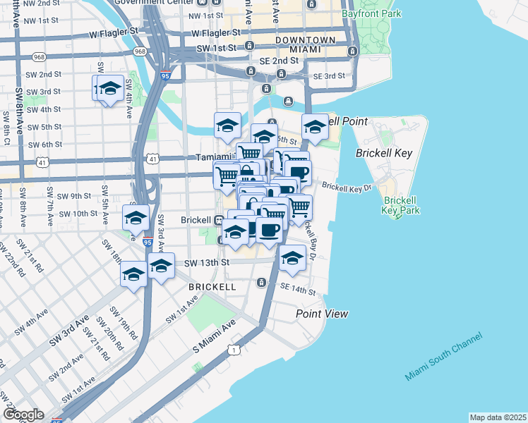 map of restaurants, bars, coffee shops, grocery stores, and more near 1000 Brickell Plaza in Miami