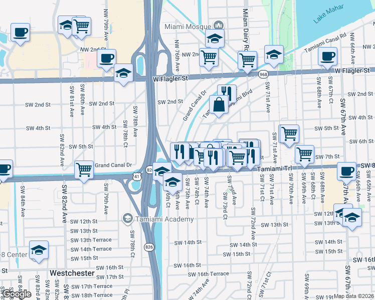 map of restaurants, bars, coffee shops, grocery stores, and more near 670 Tamiami Canal Road in Miami