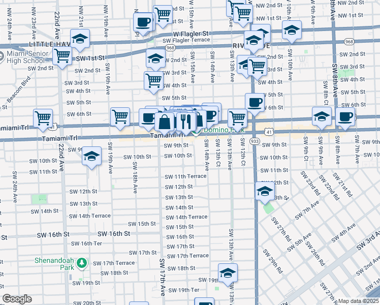 map of restaurants, bars, coffee shops, grocery stores, and more near 1515 Southwest 10th Street in Miami