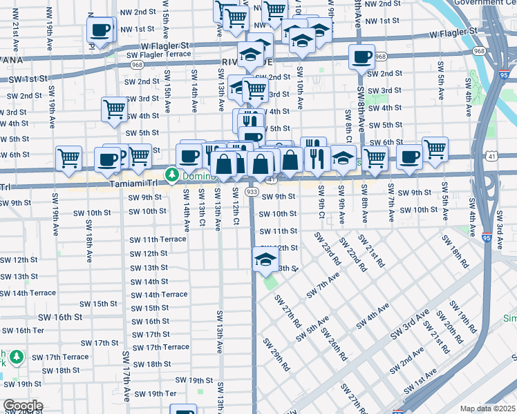 map of restaurants, bars, coffee shops, grocery stores, and more near 1171 Southwest 10th Street in Miami