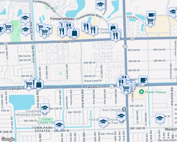 map of restaurants, bars, coffee shops, grocery stores, and more near 9116 Southwest 5th Lane in Miami