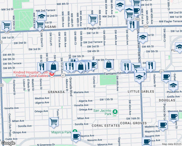 map of restaurants, bars, coffee shops, grocery stores, and more near 801 Santiago Street in Coral Gables