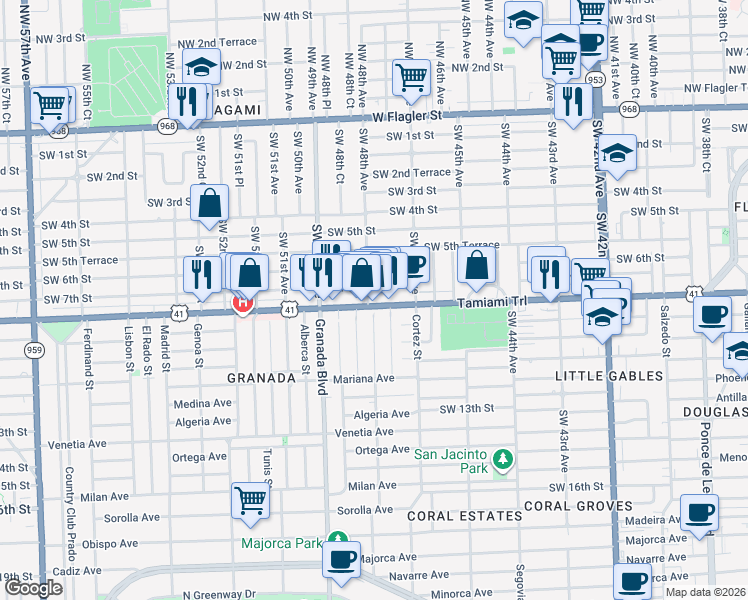 map of restaurants, bars, coffee shops, grocery stores, and more near 4836 Southwest 8th Street in Coral Gables