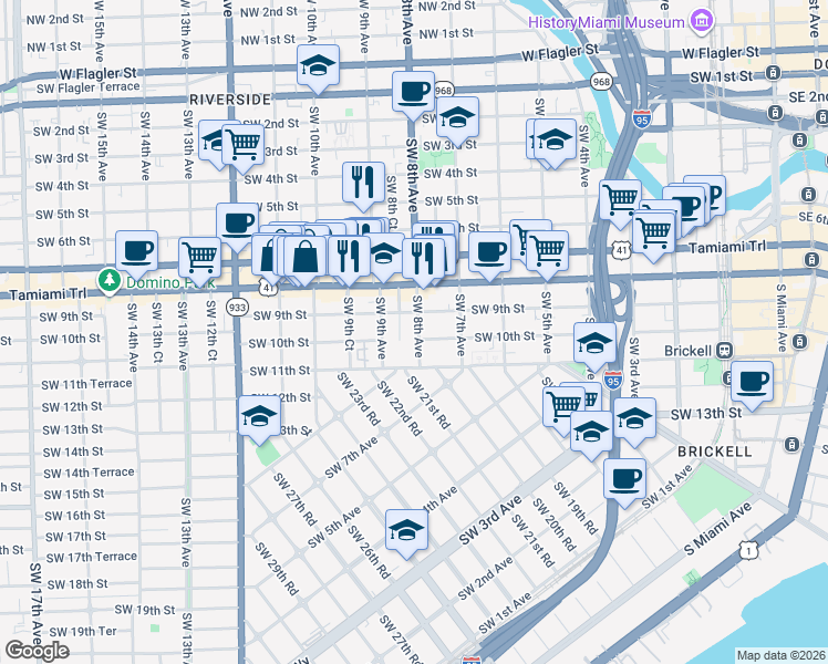 map of restaurants, bars, coffee shops, grocery stores, and more near 1003 Southwest 8th Avenue in Miami