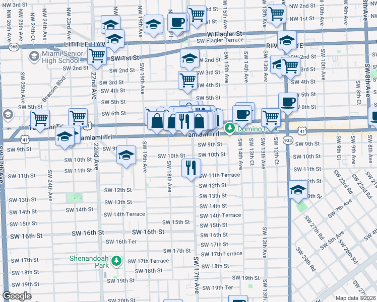map of restaurants, bars, coffee shops, grocery stores, and more near 1724 Southwest 10th Street in Miami