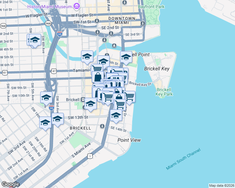 map of restaurants, bars, coffee shops, grocery stores, and more near 1000 Brickell Avenue in Miami