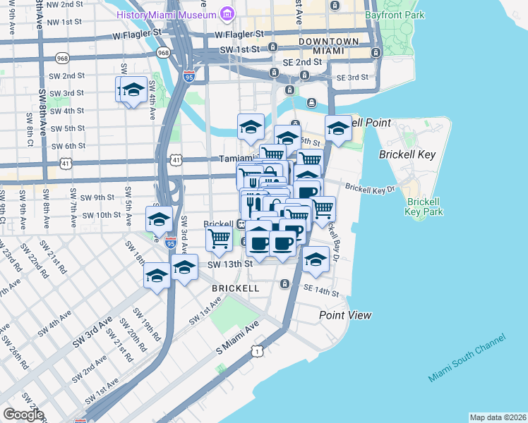map of restaurants, bars, coffee shops, grocery stores, and more near 1101 Southwest 1st Avenue in Miami