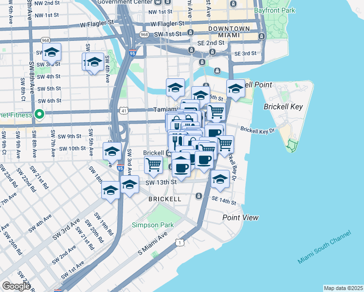 map of restaurants, bars, coffee shops, grocery stores, and more near 1101 Southwest 1st Avenue in Miami