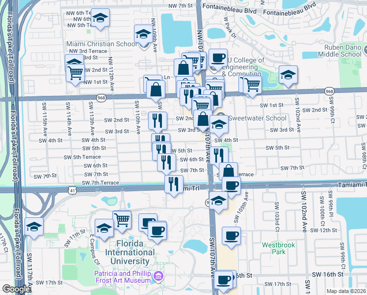 map of restaurants, bars, coffee shops, grocery stores, and more near 10856 Southwest 5th Street in Miami