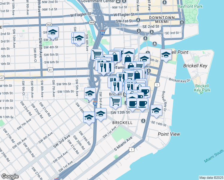 map of restaurants, bars, coffee shops, grocery stores, and more near 201 Southwest 10th Street in Miami