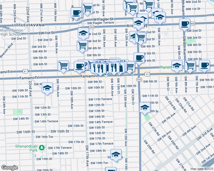 map of restaurants, bars, coffee shops, grocery stores, and more near 1020 Southwest 14th Avenue in Miami
