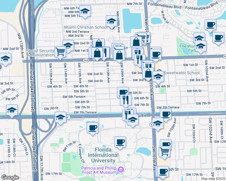 map of restaurants, bars, coffee shops, grocery stores, and more near 10982 Southwest 5th Street in Miami