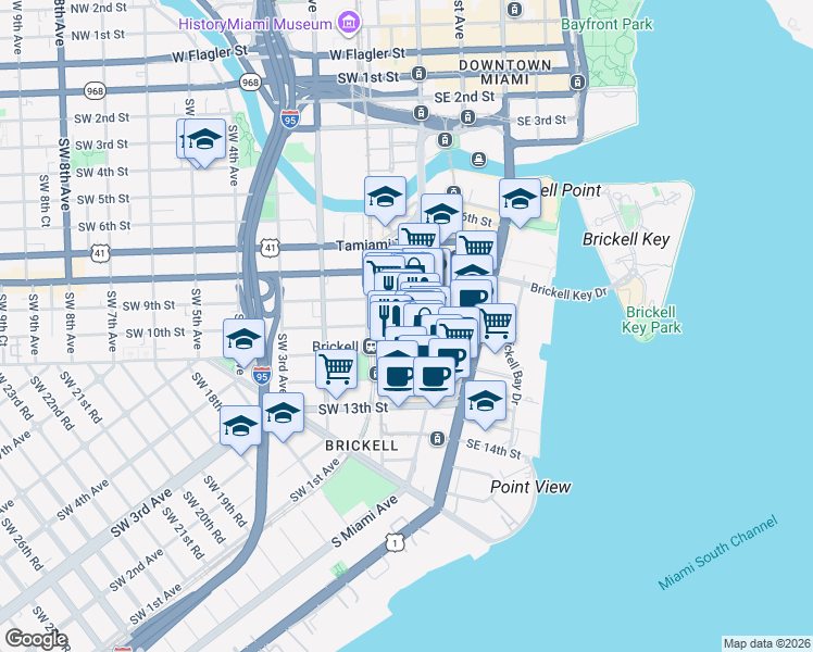 map of restaurants, bars, coffee shops, grocery stores, and more near 1101 Southwest 1st Avenue in Miami