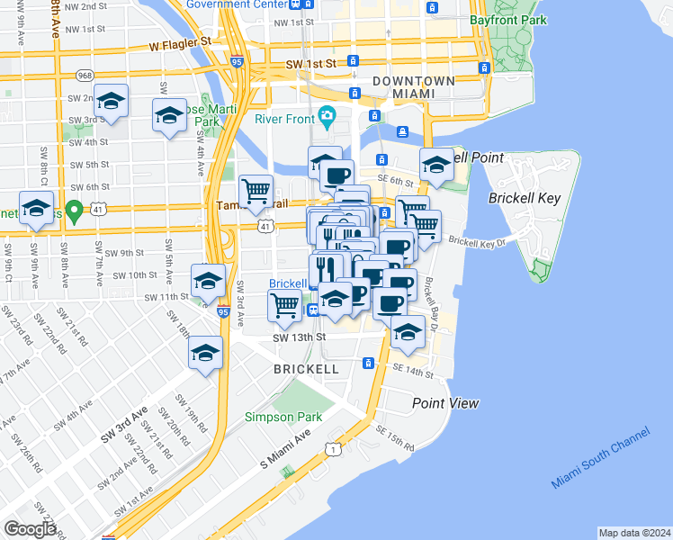 map of restaurants, bars, coffee shops, grocery stores, and more near 1101 Southwest 1st Avenue in Miami