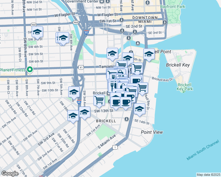 map of restaurants, bars, coffee shops, grocery stores, and more near 1101 Southwest 1st Avenue in Miami