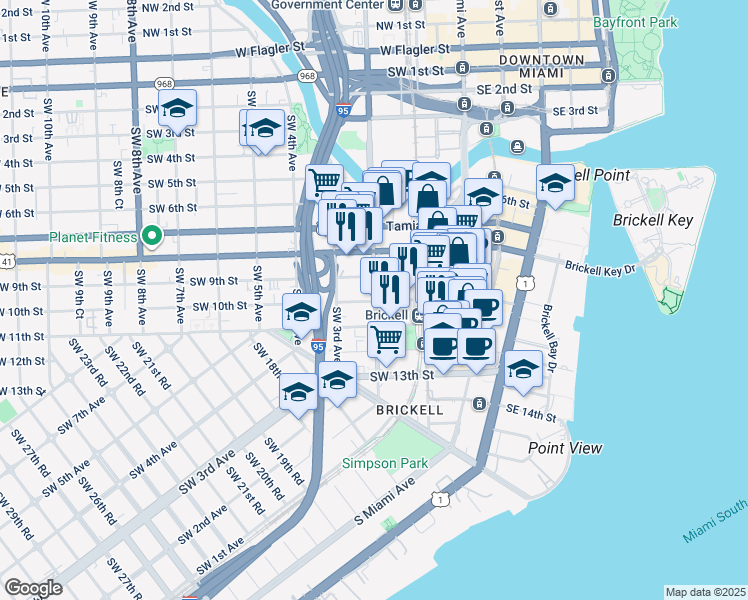 map of restaurants, bars, coffee shops, grocery stores, and more near 125 Southwest 11th Street in Miami
