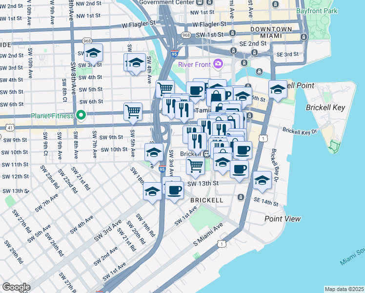 map of restaurants, bars, coffee shops, grocery stores, and more near 125 Southwest 11th Street in Miami
