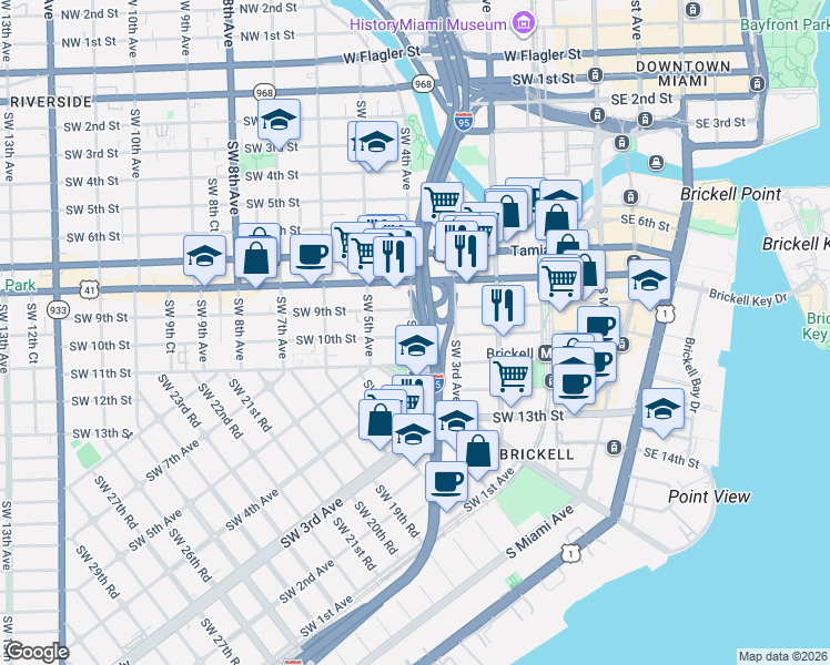map of restaurants, bars, coffee shops, grocery stores, and more near 1001 Southwest 4th Avenue in Miami