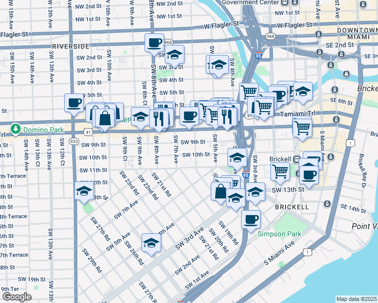 map of restaurants, bars, coffee shops, grocery stores, and more near 650 Southwest 10th Street in Miami