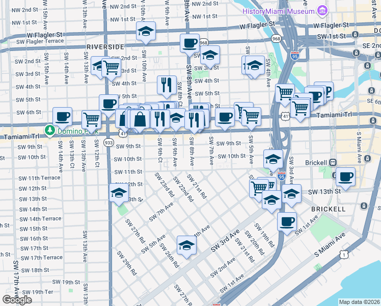 map of restaurants, bars, coffee shops, grocery stores, and more near 1003 Southwest 8th Avenue in Miami