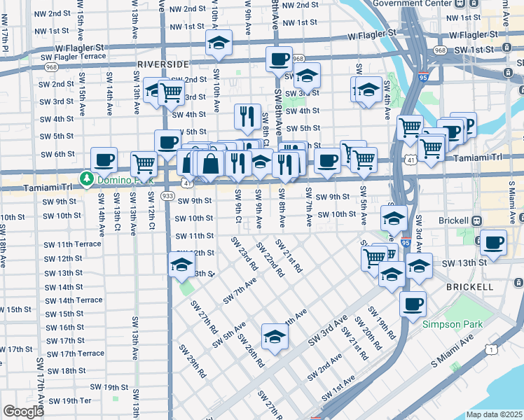 map of restaurants, bars, coffee shops, grocery stores, and more near 1003 Southwest 8th Avenue in Miami
