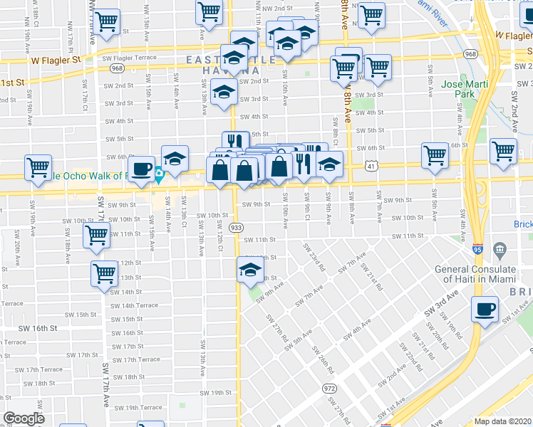 map of restaurants, bars, coffee shops, grocery stores, and more near 1053 Southwest 10th Street in Miami