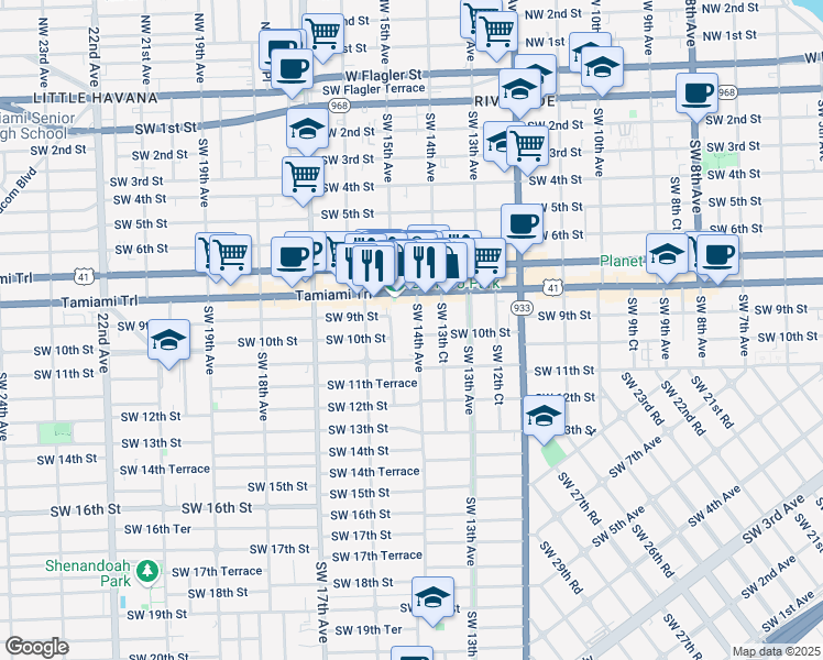 map of restaurants, bars, coffee shops, grocery stores, and more near 1020 Southwest 14th Avenue in Miami