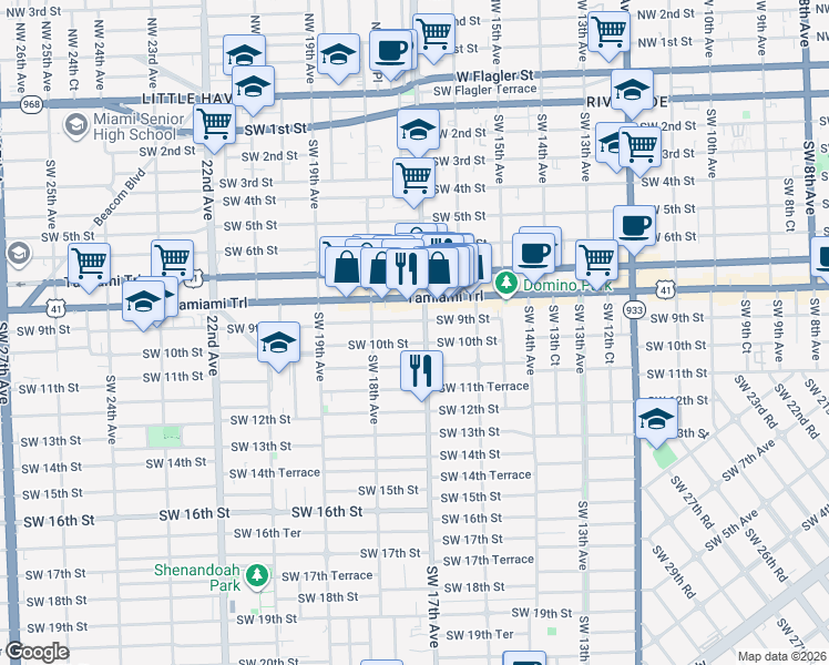 map of restaurants, bars, coffee shops, grocery stores, and more near 1724 Southwest 10th Street in Miami