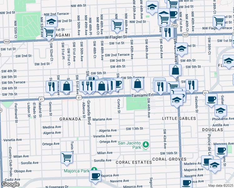 map of restaurants, bars, coffee shops, grocery stores, and more near in Coral Gables